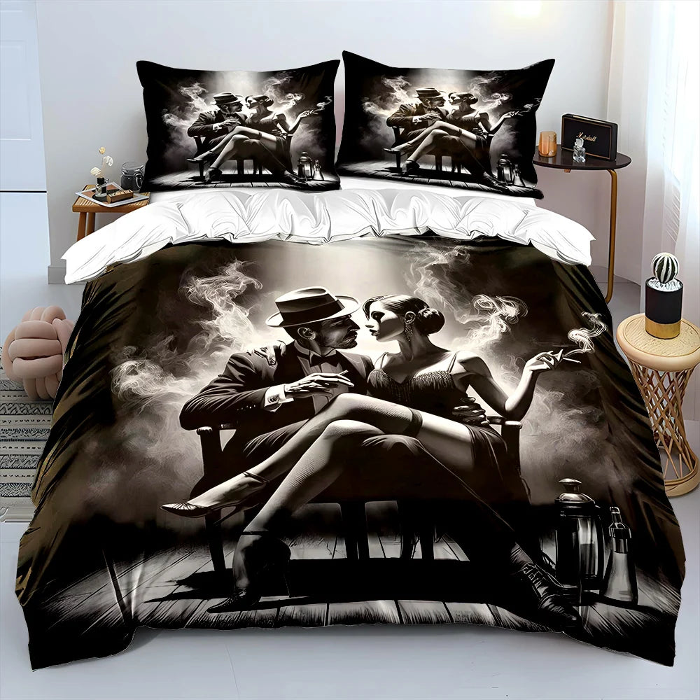 Conjunto de Cama para Crianças com Casal em Cena Esfumada a Preto e Branco, Presente de Luxo, 3 Peças, Edredão com Impressão Digital, Macio e Confortável