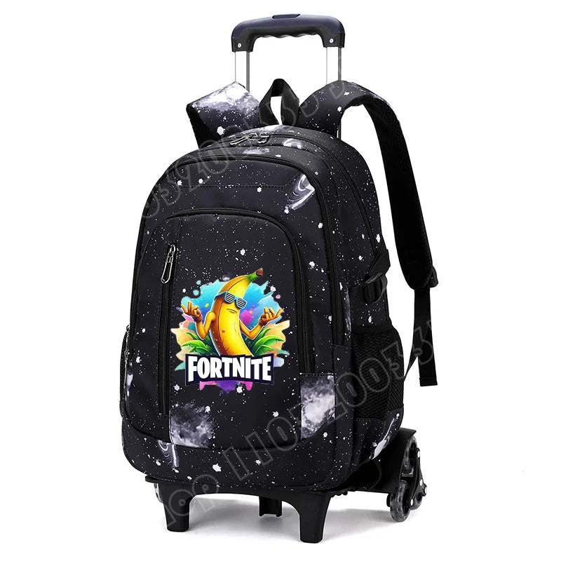 Mochila trolley 2 en 1 Fortnite con estampado de cielo estrellado, gran capacidad, impermeable, compartimento para portátil, diseño para subir escaleras, mochila escolar para estudiantes