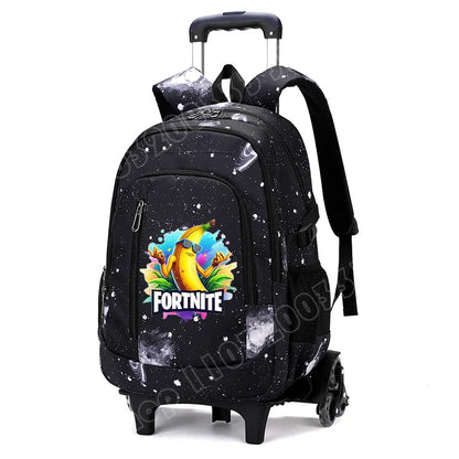Mochila trolley 2 en 1 Fortnite con estampado de cielo estrellado, gran capacidad, impermeable, compartimento para portátil, diseño para subir escaleras, mochila escolar para estudiantes