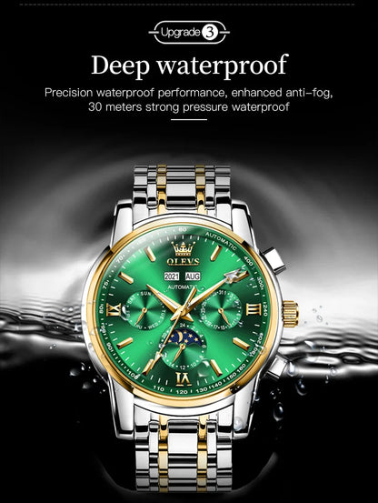 OLEVS 6633 Luxury Men's Watches Automatic Green Watch Men Stainless Steel Waterproof Business Sport Mechanical Wristwatch 6633