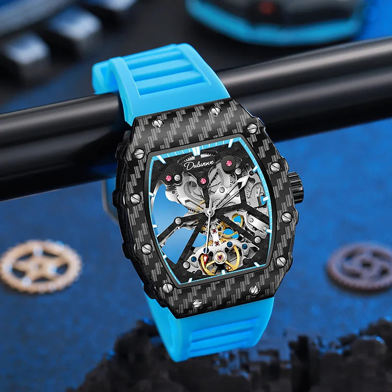 Mechaniczny zegarek Tourbillion dla mężczyzn, silikonowy pasek, szkieletowa koperta tonneau, automatyczne zegarki męskie, luksusowa topowa marka, reloj hombre