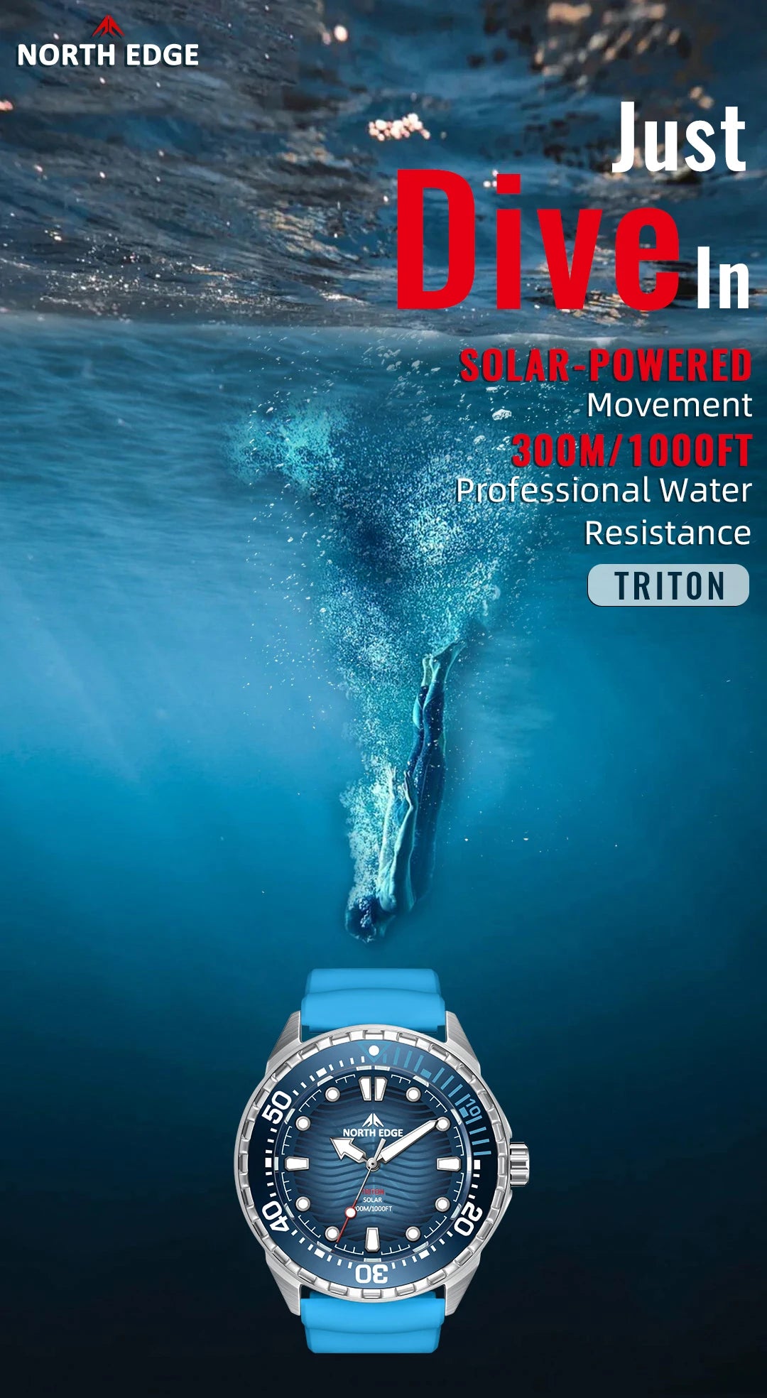 NORTH EDGE New TRITON Solar Powered Diving Watch for Man Luxury Quartz Wristwatches 316L Stainless Steel Case Waterproof 300M