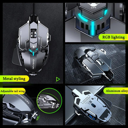 Mouse gaming meccanico in metallo cablato ergonomico con retroilluminazione RGB, mouse da gioco ottico USB 12800 DPI per PC desktop