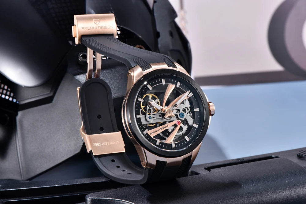 Pánske hodinky PAGANI DESIGN – Luxusný mechanický model s automatickým náťahom, typu „skelet“ (s otvoreným srdcom), vybavený tourbillonom, so zafírovým sklom s antireflexnou úpravou, vodotesné a luminiscenčné.