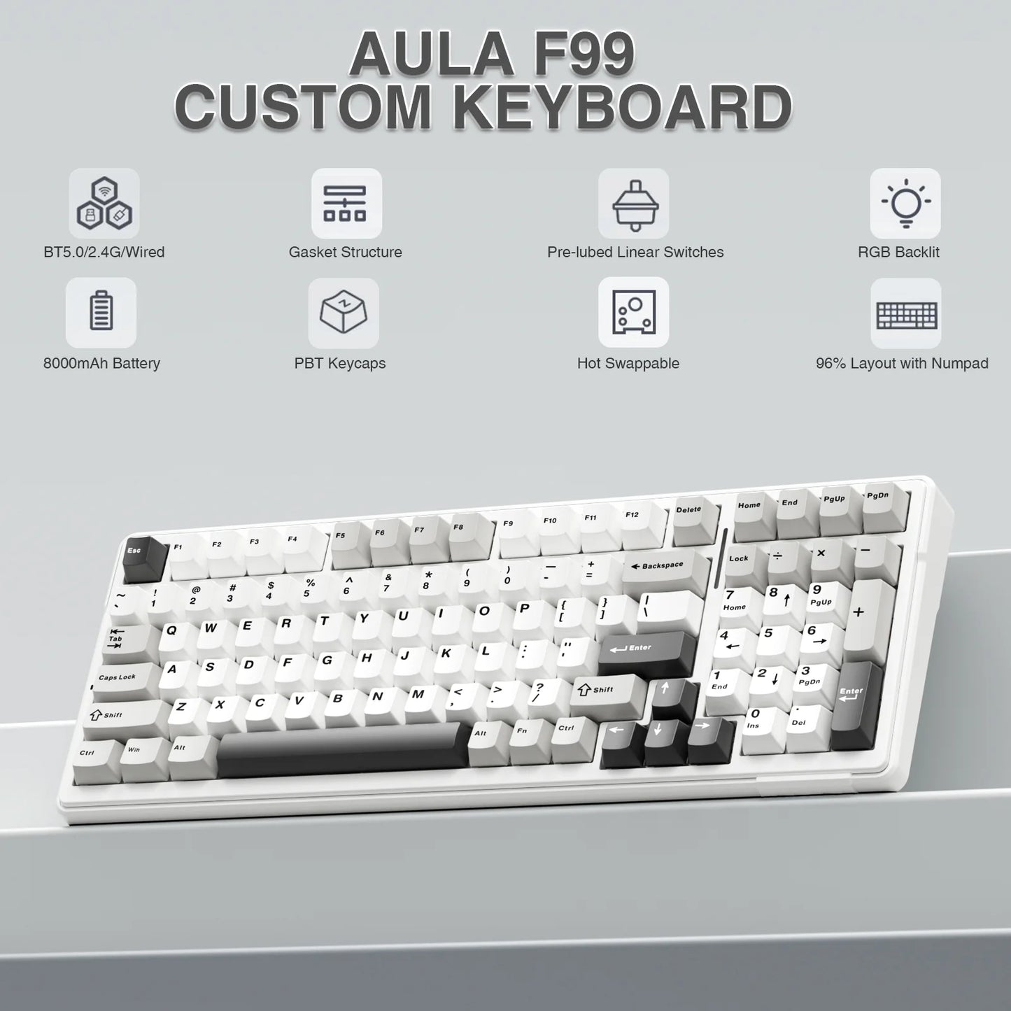 Teclado mecánico AULA F99 Bluetooth 5.0/2.4G inalámbrico/con cable, teclado gaming con montaje gasket de 99 teclas, personalizable