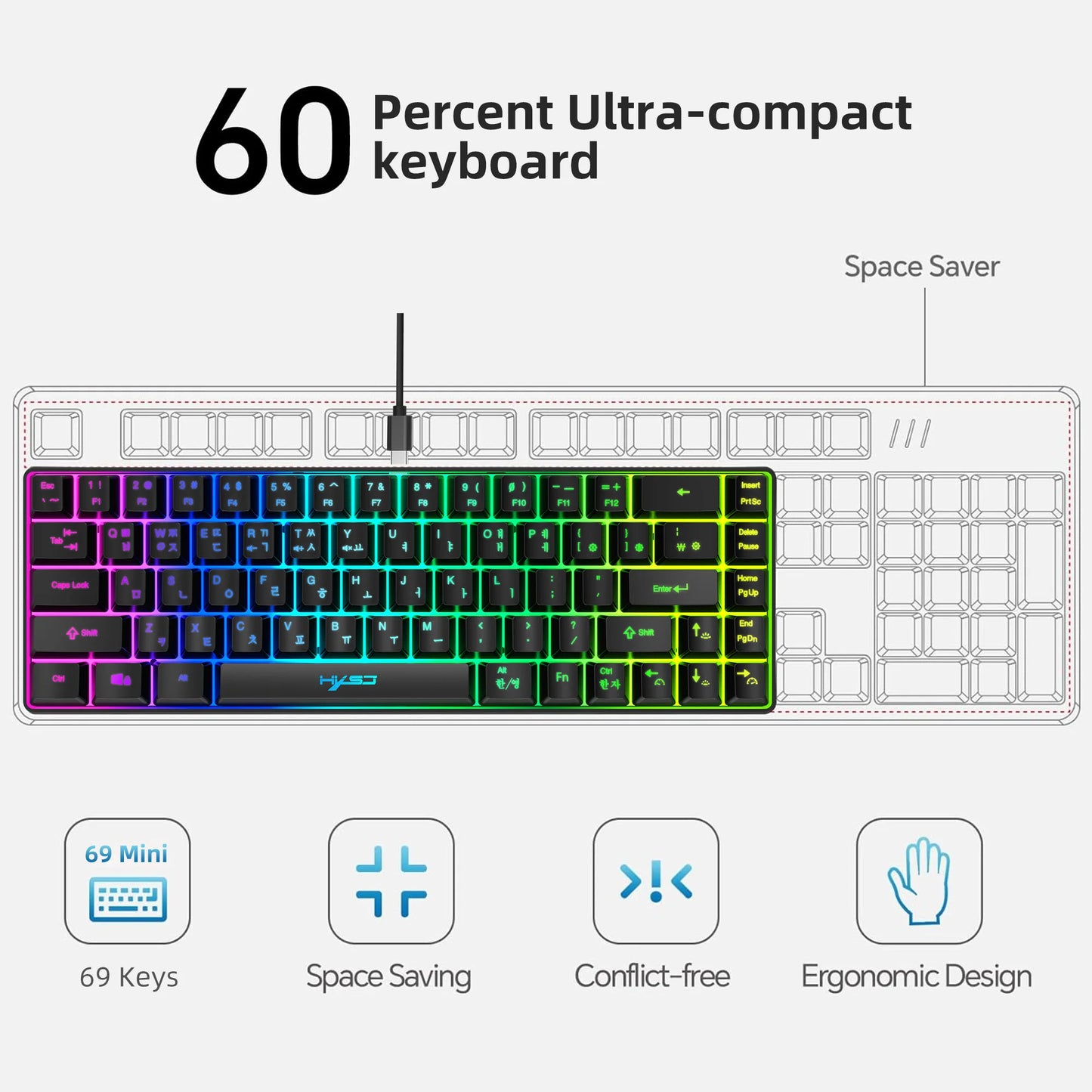 Teclado gaming coreano portátil HXSJ V200 de 68 teclas, 65%, com retroiluminação RGB, com fios, de membrana, para escritório, PC de secretária e computadores portáteis
