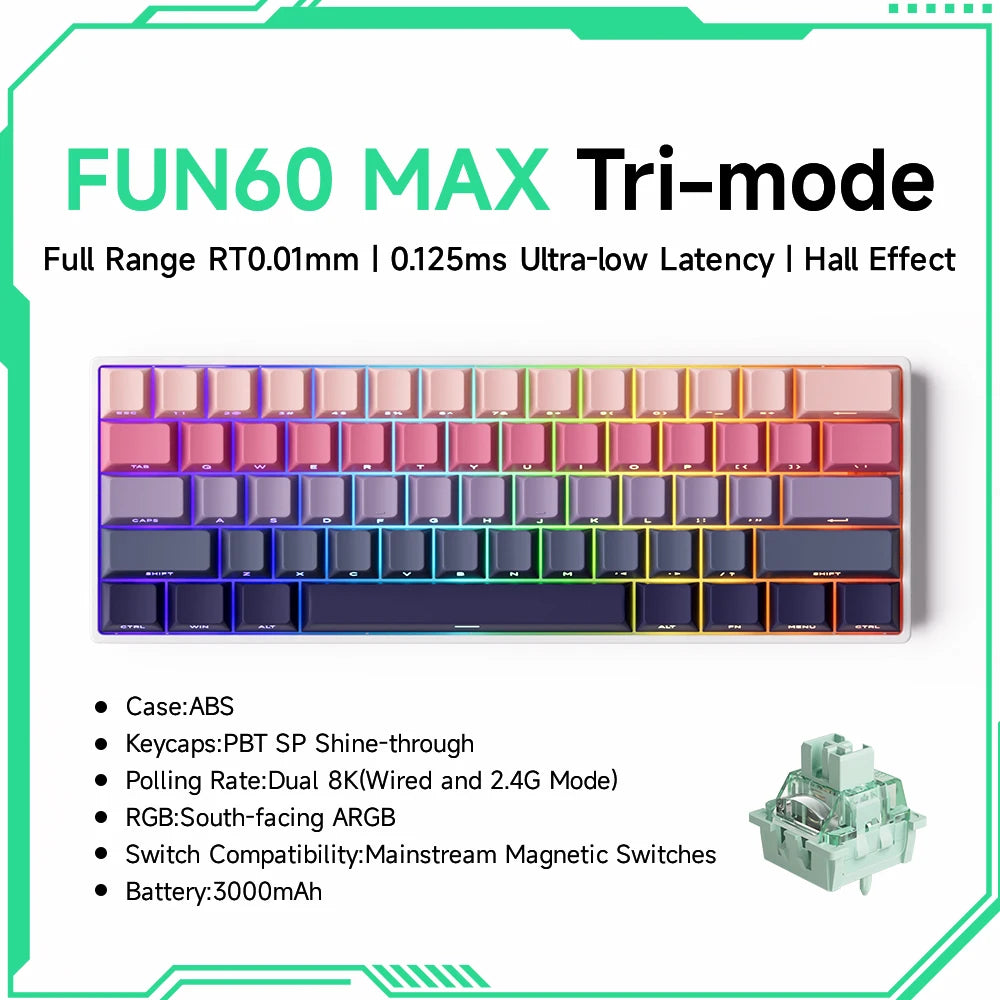MONSGEEK FUN60 PRO&MAX HE Tastiera meccanica con switch magnetici 60% wireless da gaming, Rapid Trigger 8K ARGB, tastiera personalizzata