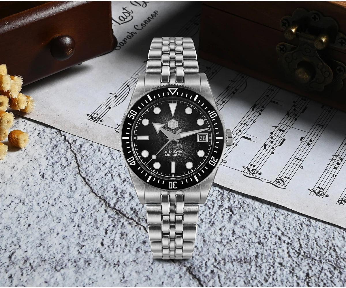 Relógio de mergulho masculino San Martin 37.5mm 40mm Miyota 9015 com mostrador esmaltado, relógio de pulso mecânico automático de luxo, resistente à água 200m SN0148