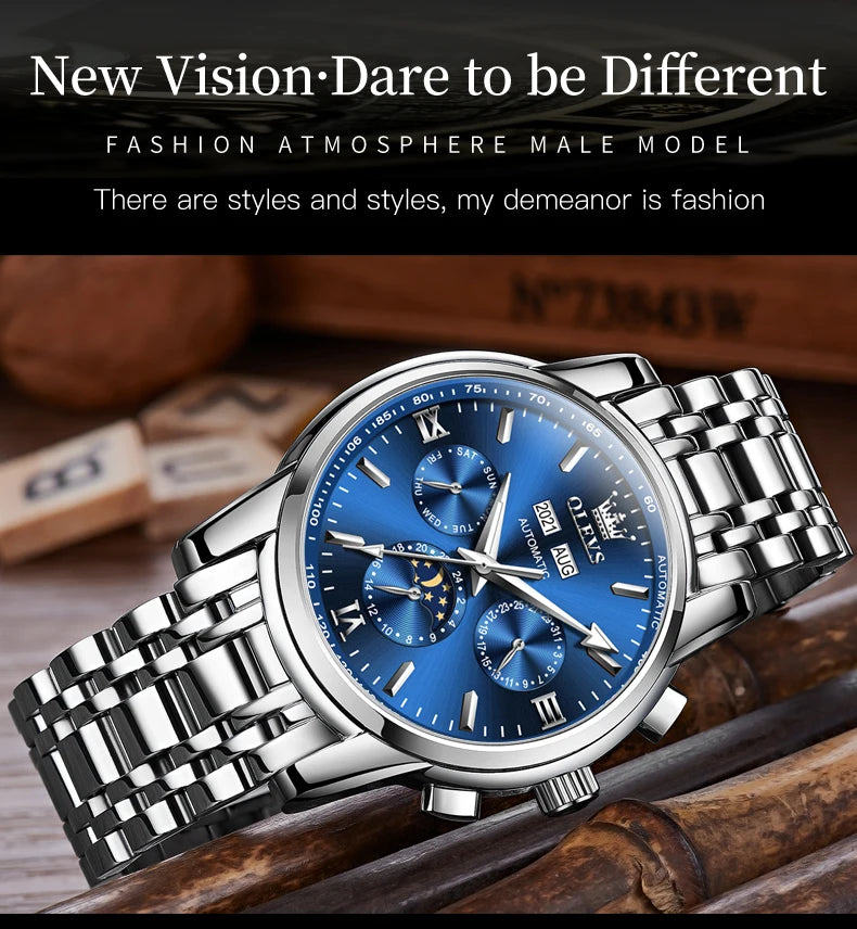 OLEVS 6633 Luxury Men's Watches Automatic Green Watch Men Stainless Steel Waterproof Business Sport Mechanical Wristwatch 6633