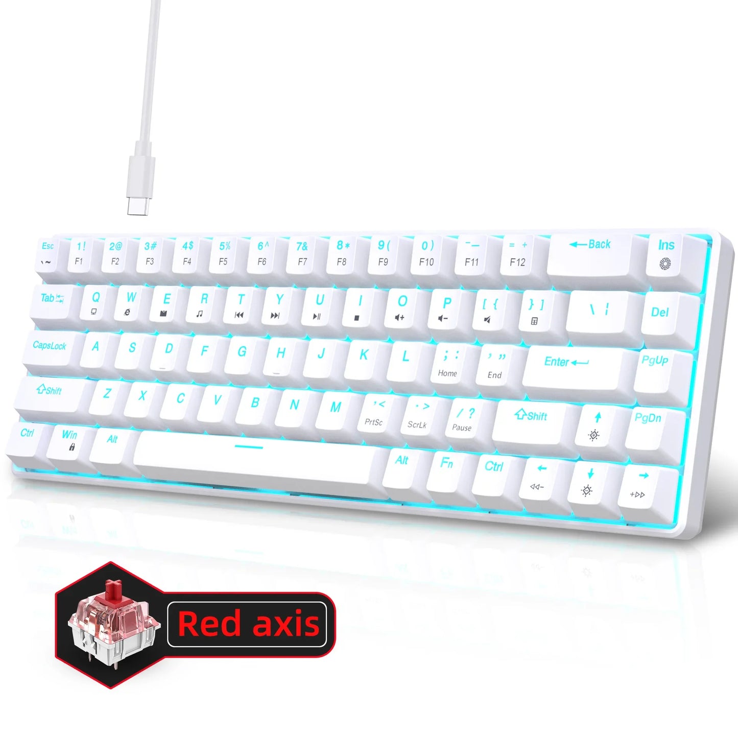 Tastiera meccanica gaming 60% USB con tasti bianchi, mini tastiera gamer ergonomica per computer, retroilluminata, tastiera PC per musica