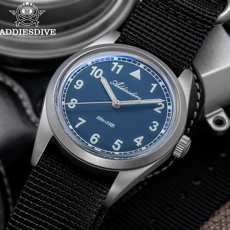Reloj analógico para hombre ADDIESDIVE de 36mm con cristal de espejo abombado, resistente al agua 100m, luminoso, reloj de cuarzo sencillo para hombre con correa de nailon