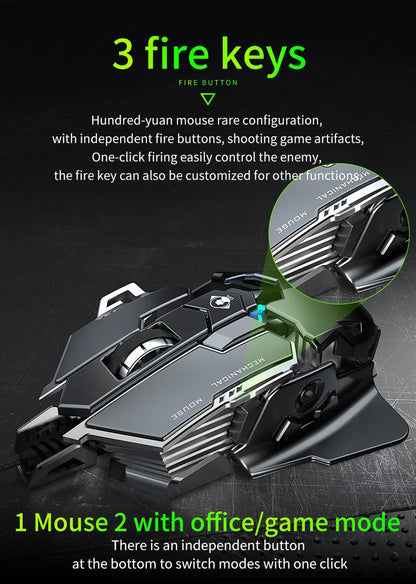 Mouse gaming meccanico in metallo cablato ergonomico con retroilluminazione RGB, mouse da gioco ottico USB 12800 DPI per PC desktop