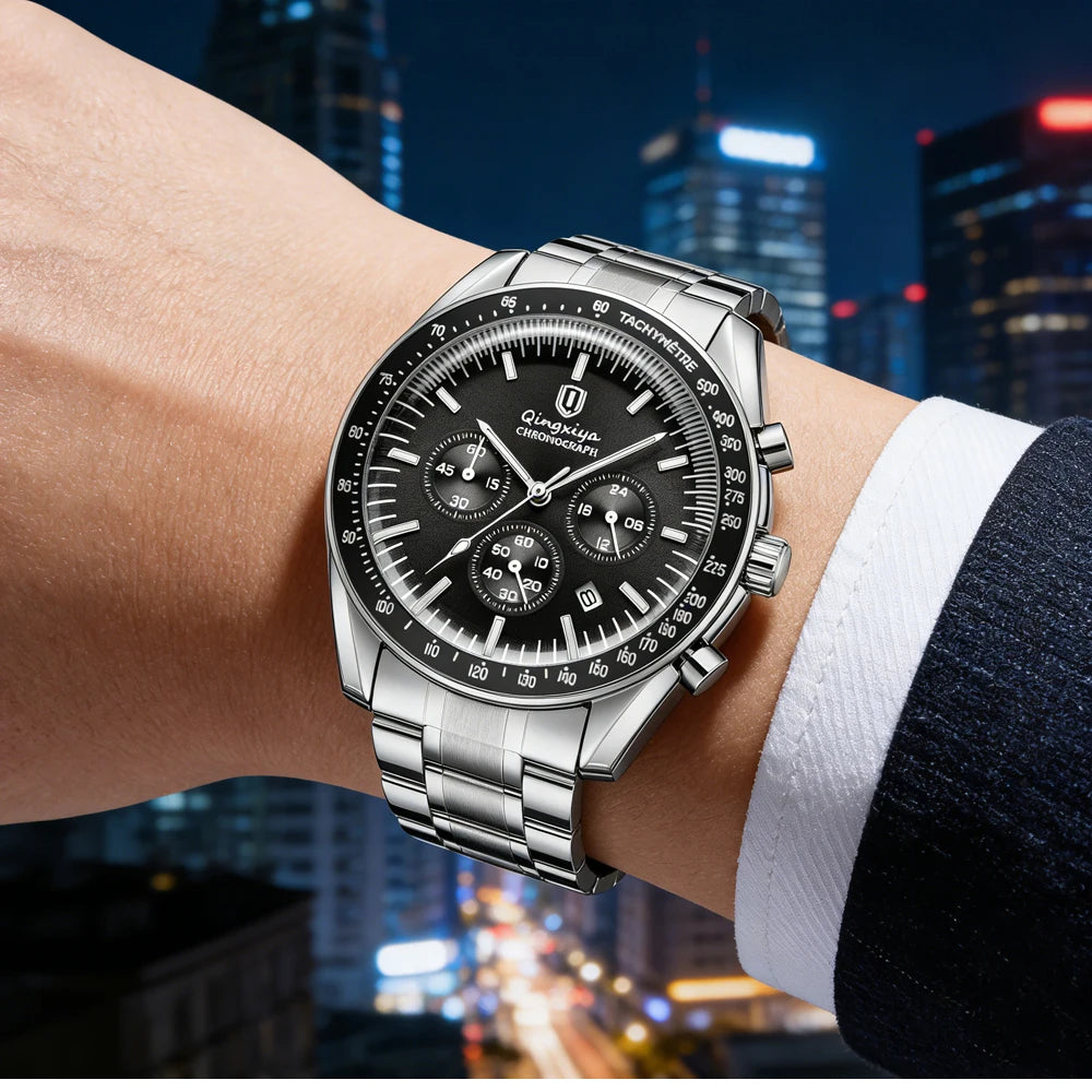 Relógio de quartzo para homem, de marca de luxo, estanque e luminescente, em aço inoxidável, equipado com um cronógrafo de 24 horas e um indicador de data – Relógio elegante para homem