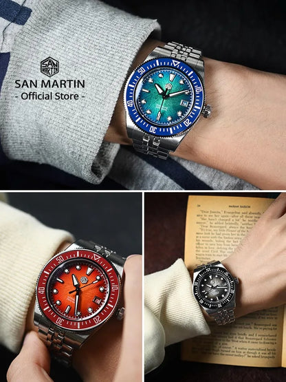 San Martin 37.5mm 40mm Enamel Spiral Vortex Dial Men Luxury Diver Watch Miyota 9015 Automatic Mechanical Waterproof 200m SN0148