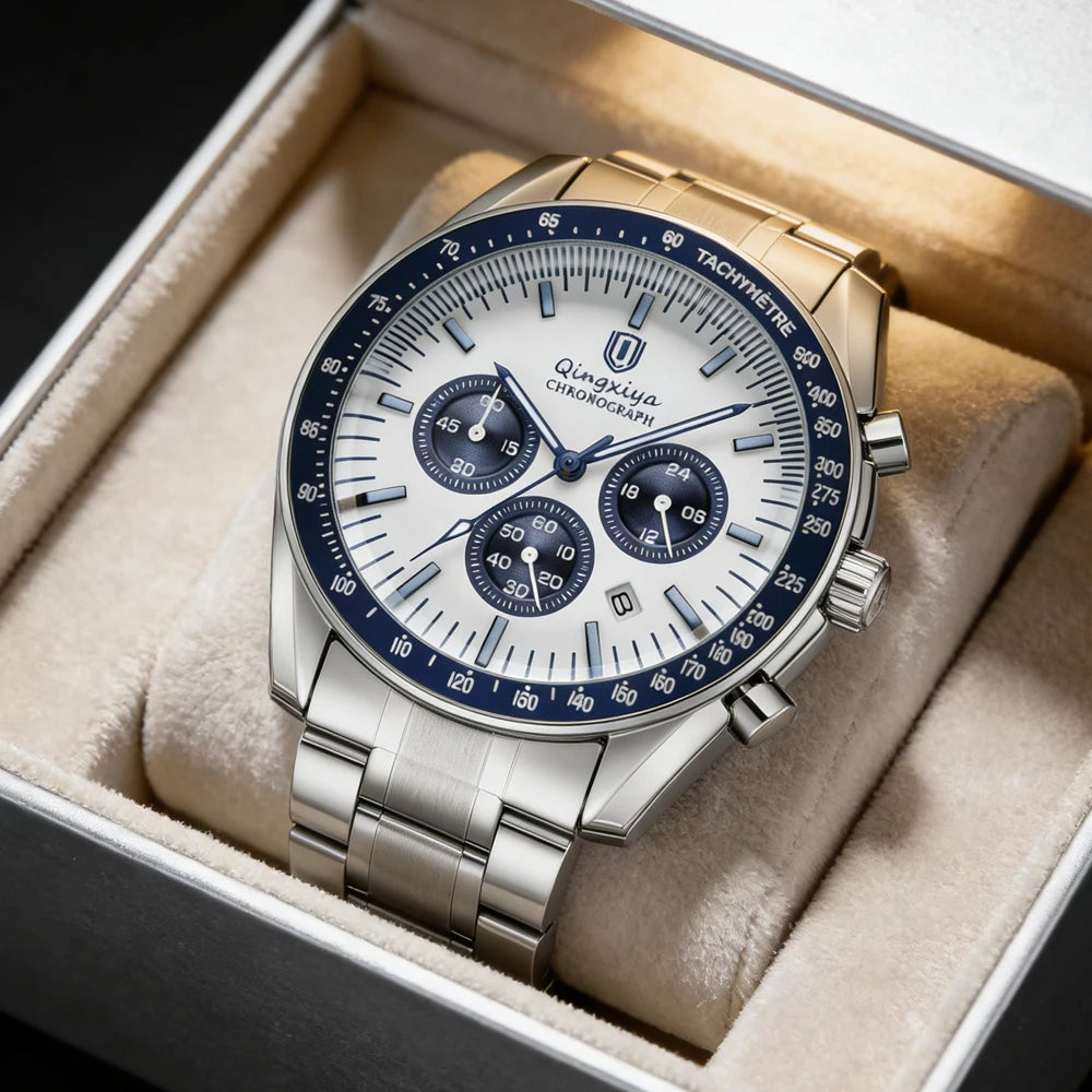Relógio de quartzo para homem, de marca de luxo, estanque e luminescente, em aço inoxidável, equipado com um cronógrafo de 24 horas e um indicador de data – Relógio elegante para homem