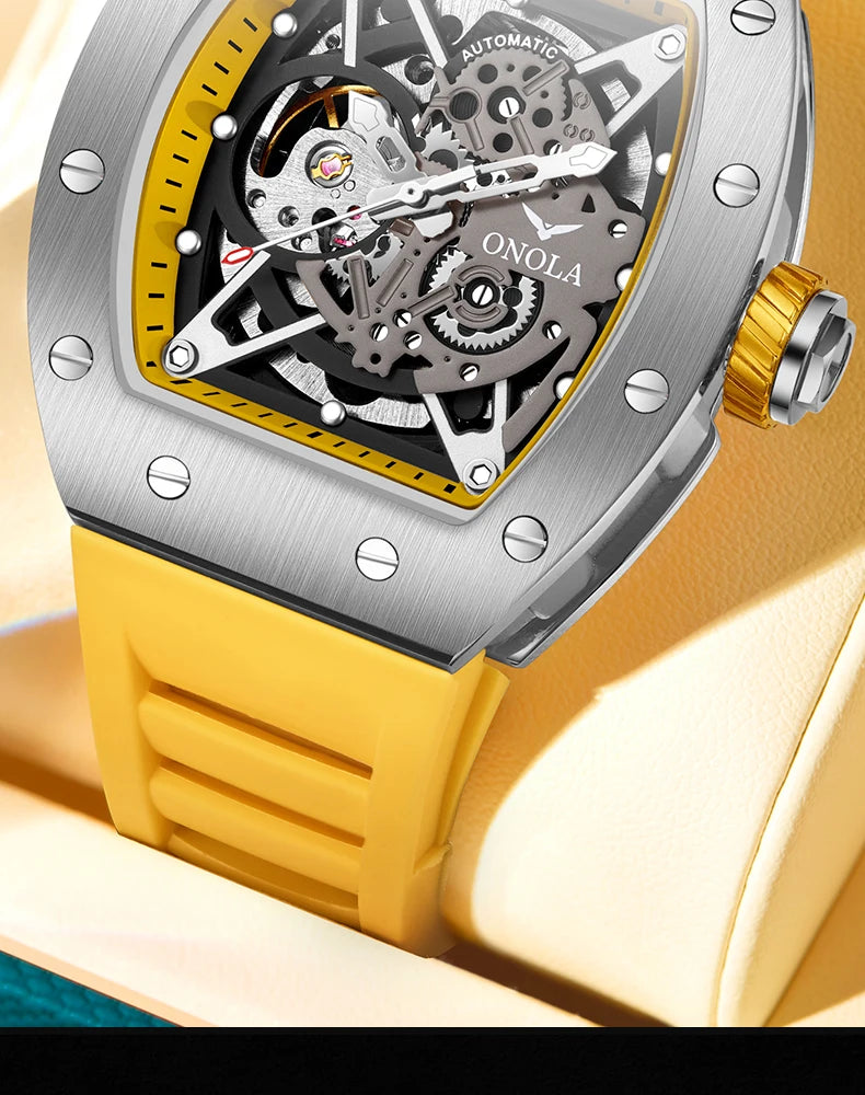 ONOLA Luxury Automatic Watch Men Fashion Hollow Silicone Waterproof Mechanical Watch Men Military Sports Watch Clock