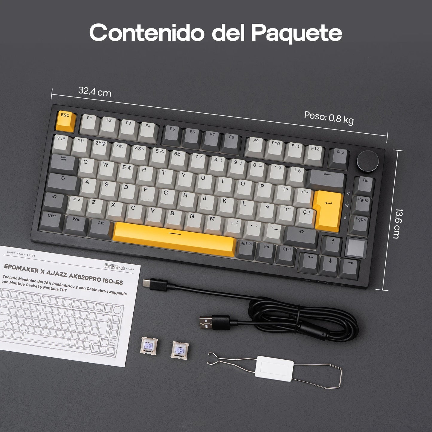 Distribución ISO-ES EPOMAKER X AJAZZ AK820 PRO 75% teclado mecánico con distribución española, cable/2.4GHz/BT, pantalla y perilla para Pc/Mac