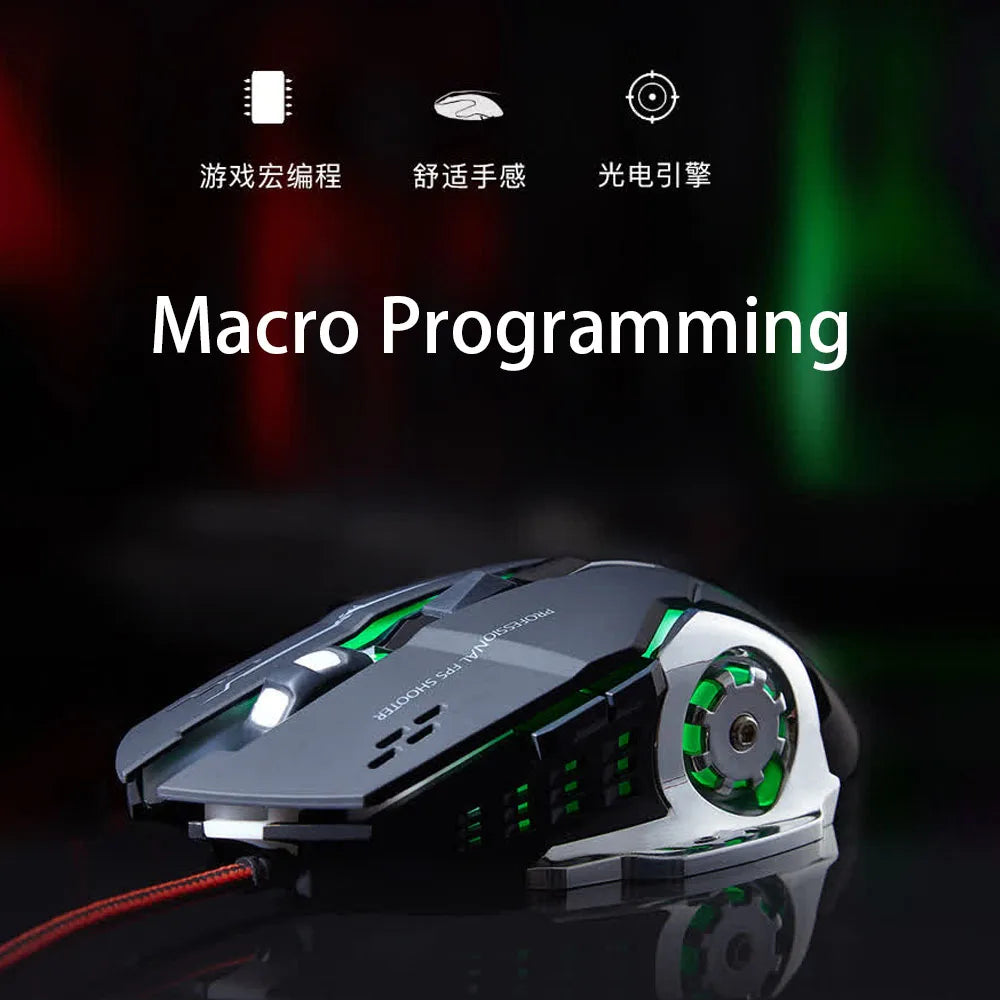 Mouse gaming Carpbaba GM6 per gamer, mouse ottico cablato regolabile con LED, cavo USB, mouse silenzioso per laptop e PC