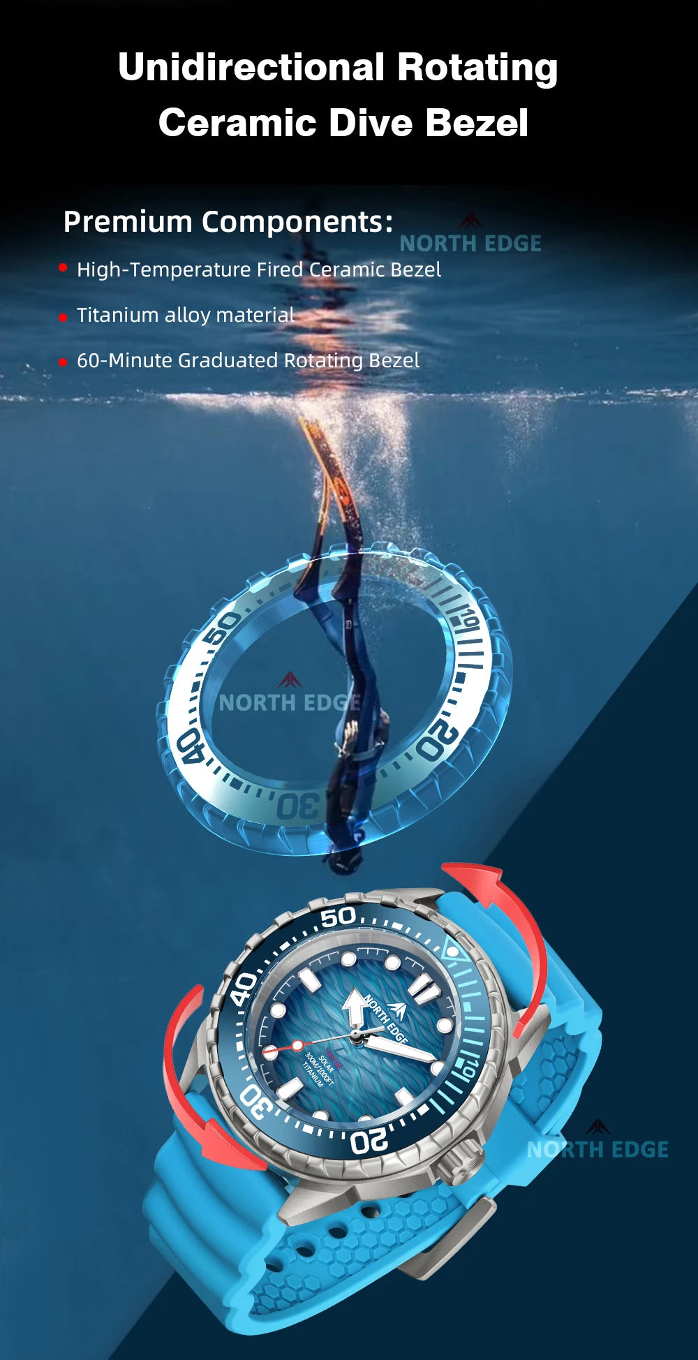 NORTH EDGE TRITON-Ti Solar Powered Dive Watch Titanium Alloy Case Men Luxury Quartz Watches For Men Waterproof 300M