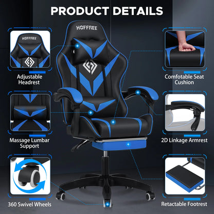 200Lbs Load Gaming Chair with Massage Ergonomic Computer Chair Footrest and Lumbar Support Reclining PC Chair Adjust Armrest