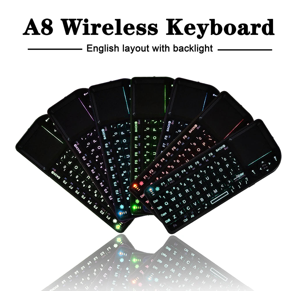 Teclado inalámbrico A8 Mini 2.4G con retroiluminación de 7 colores, teclado portátil 3 en 1 con panel táctil y Air Mouse para Android TV Box, PC y tablet