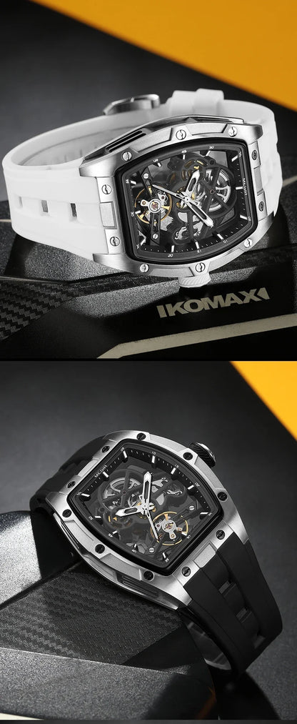 Orologio da polso automatico MEGIR da uomo, fashion, cinturino in silicone nero, impermeabile, luminoso, sportivo, meccanico, con quadrante tonneau 2242
