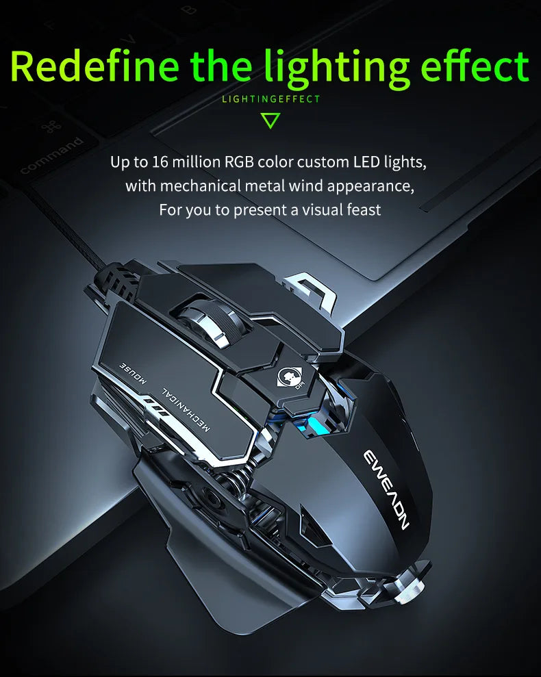 Mouse gaming meccanico in metallo cablato ergonomico con retroilluminazione RGB, mouse da gioco ottico USB 12800 DPI per PC desktop