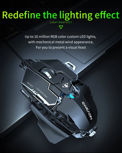 Mouse gaming meccanico in metallo cablato ergonomico con retroilluminazione RGB, mouse da gioco ottico USB 12800 DPI per PC desktop