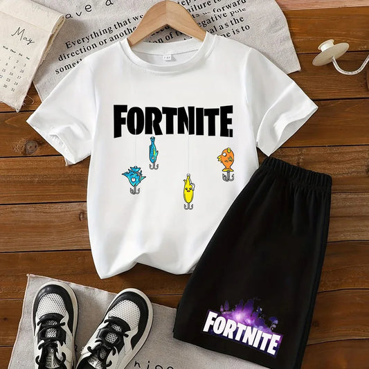 Летен комплект Fortnite с тениска и къси панталони за момчета и момичета, 2 части, детски дрехи с горнище, тениска и панталони, принт Fortress Night, подарък