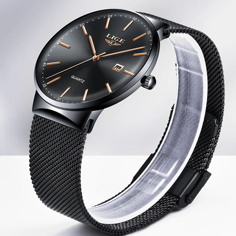 Relógio de homem LIGE, modelo elegante e luxuoso, ultrafino, estanque, com bracelete em malha, movimento de quartzo, indicação da data e calendário – ideal para um estilo profissional.
