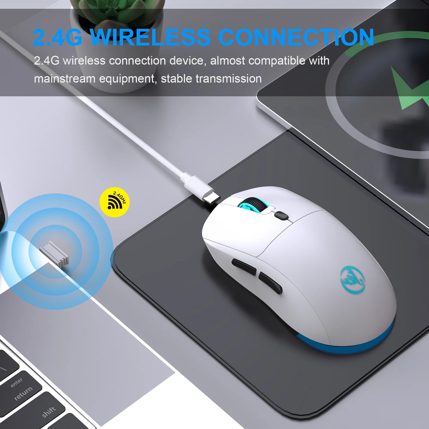 2.4G Wireless Rechargeable Mouse with RGB Lighting, 3600 DPI Ergonomic Silent Wireless Mouse for Laptop, PC, Office & Gaming