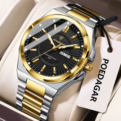 Montre-bracelet de luxe POEDAGAR Sport Original pour homme, à quartz, avec date et jour de semaine, étanche et lumineuse, en acier inoxydable.