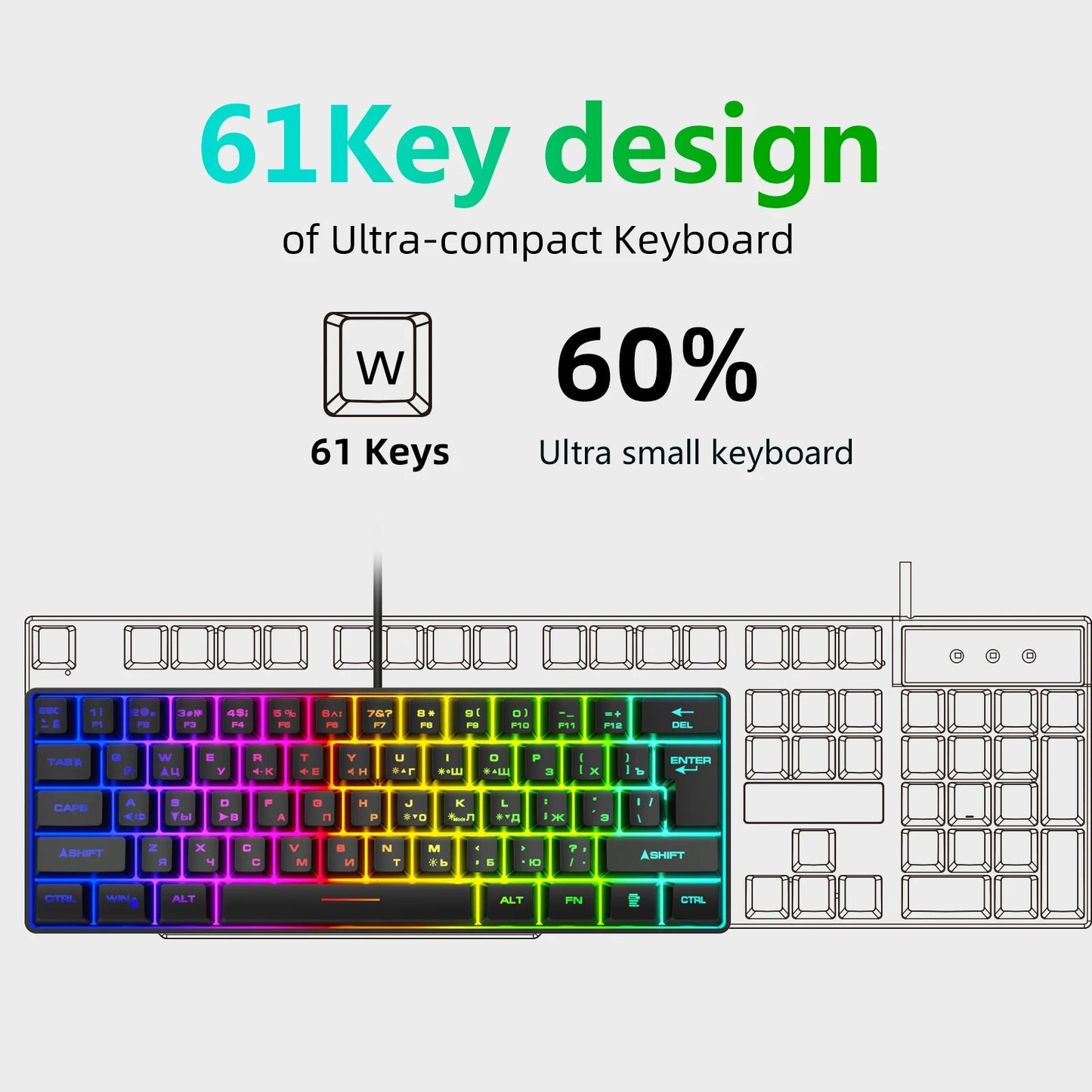 Teclado gaming, teclado ultracompacto de 61 teclas con retroiluminación RGB ruso/inglés, teclados de oficina resistentes al agua con sensación mecánica para gaming