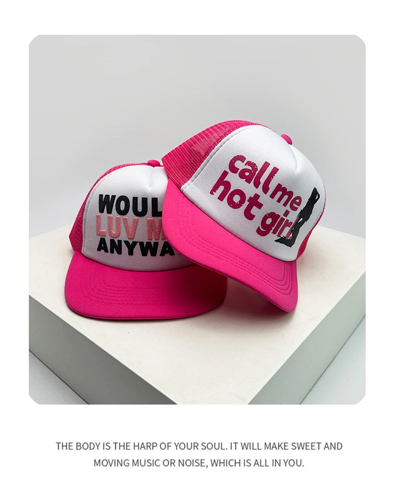 Gorras de béisbol unisex nuevas con bloques de color, letras estampadas y bordadas, estilo hip hop, malla transpirable, visera para el sol, tipo trucker streetwear, versátiles