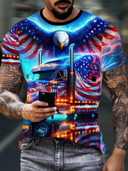 Camiseta patriótica para hombre con estampado 3D de águila, cuello redondo, manga corta y estilo casual, ideal para moda de verano y actividades al aire libre