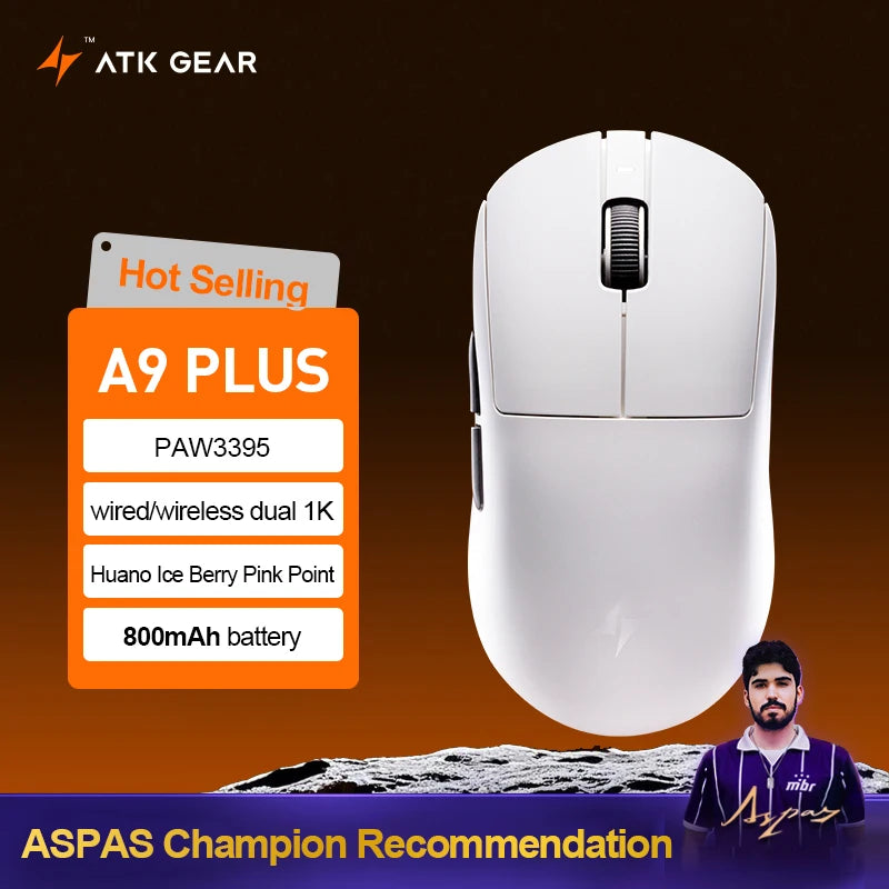 Mouse gaming wireless ATK Dragonfly A9 Ultra PAW3950 ultraleggero tri-mode ergonomico e-sport per gamer FPS A9 SE Plus