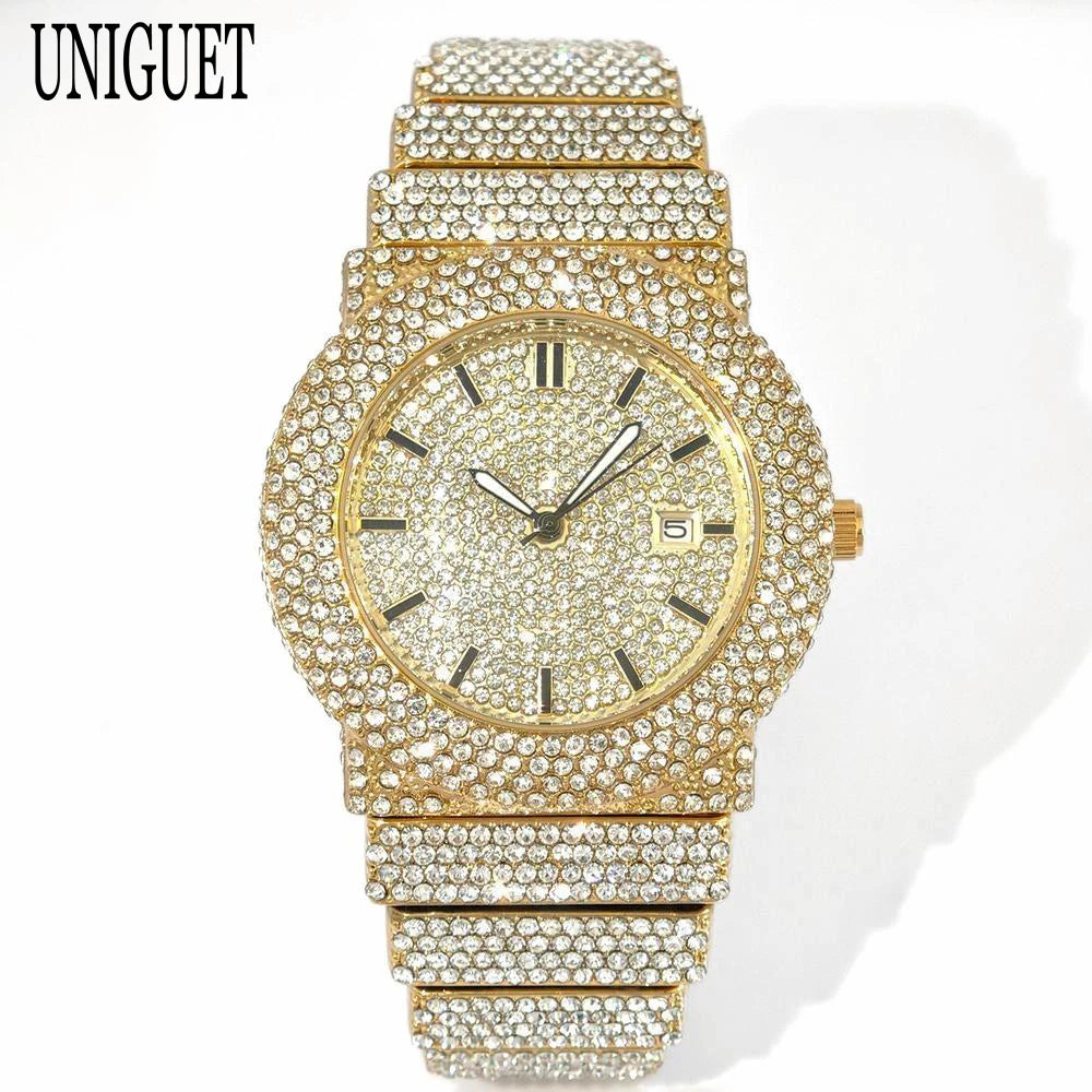 2025 UNIGUET Men's Fashion Iced Watches Luxury Hip Hop Full Diamond Jewelry Quartz Waterproof Business Wrist Watch for Men New