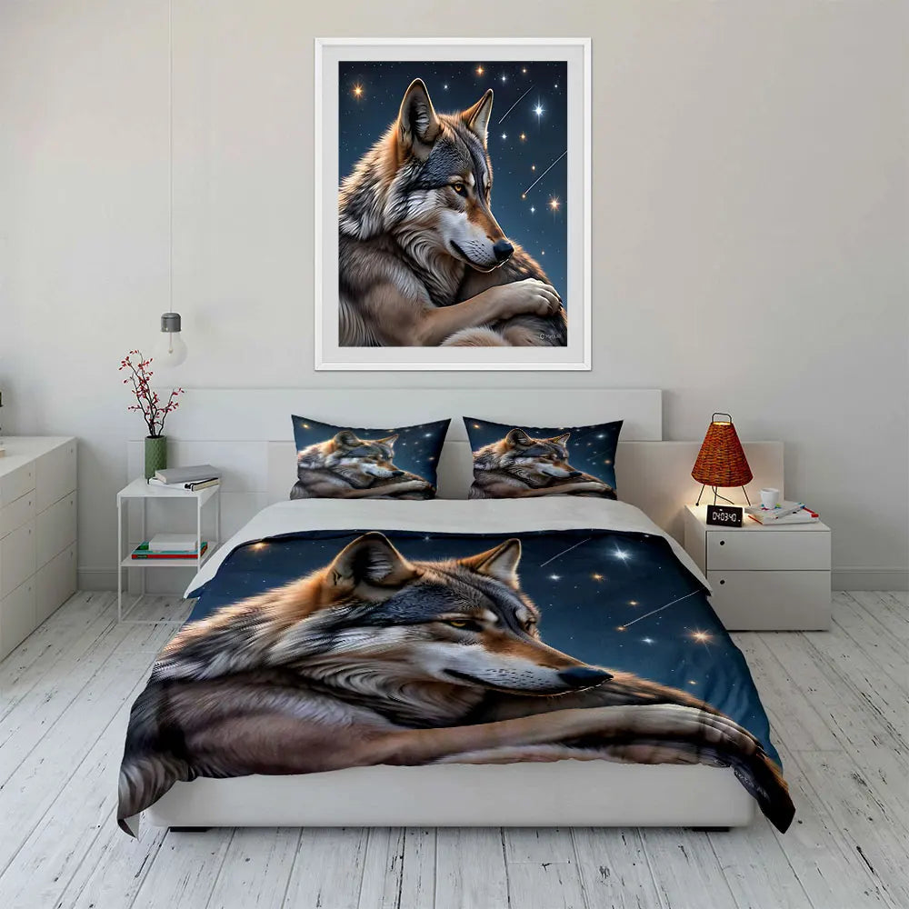 Set di biancheria da letto stampato con lupo su sfondo stellato, 1 copripiumino e 2 federe, per adulti e bambini, regalo di lusso, Full Size