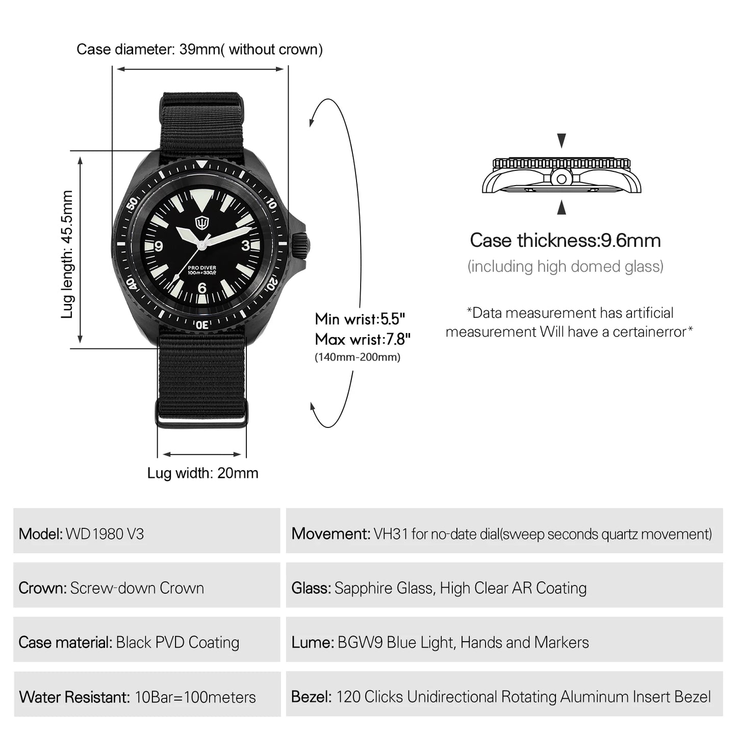 Orologio di lusso da uomo Watchdives WD1980 V3 con movimento al quarzo VH31 Sweep Seconds, vetro zaffiro con rivestimento AR e impermeabilità 10Bar