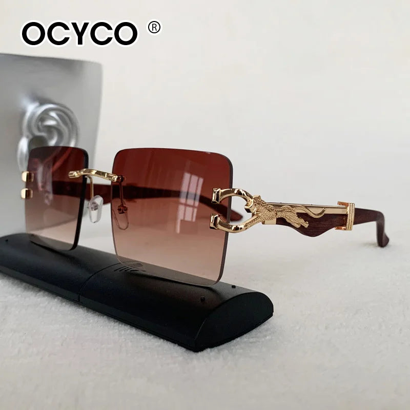 Fashion Rimless Square Sunglasses For Man Leopard Design Gradient Sun Glasses Woman Luxury Outdoor Eyewear UV400