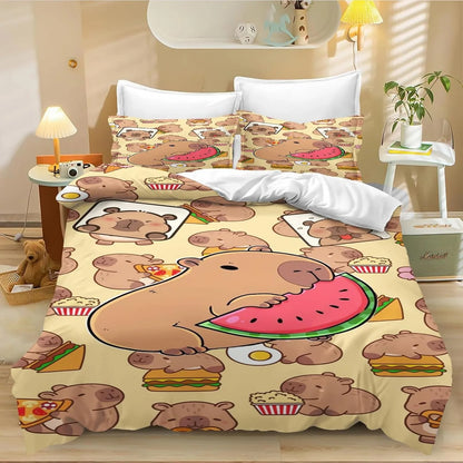 Juego de cama de carpincho de dibujos animados de 4 piezas, funda nórdica y funda de almohada, para adultos, niños y niñas, decoración de dormitorio infantil, tamaño individual y doble