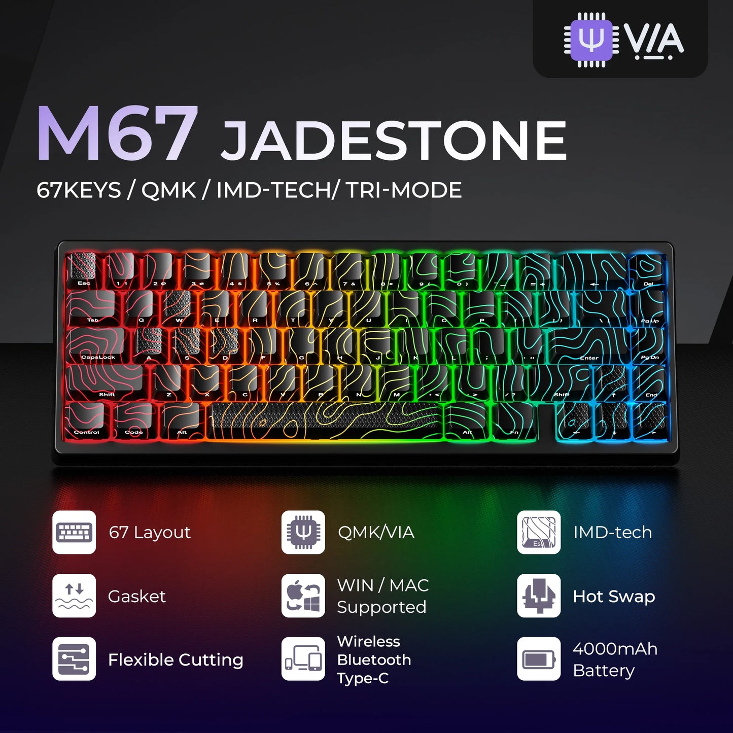 Teclado mecánico inalámbrico XVX M67 JadeStone con teclas IMD-Tech, trimodo, diseño topográfico blanco gamer y estructura gasket