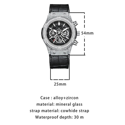 ONOLA Luxury Style Diamond Inlaid Men Quartz Watch Leather Strap Calendar Men Watch 30M Waterproof Men Clock