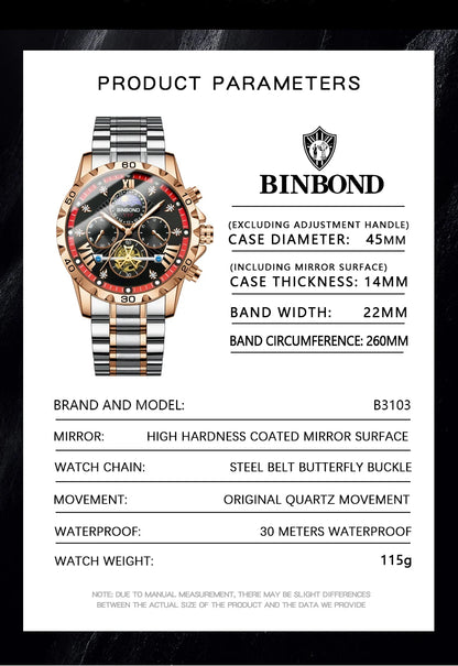 BINBOND quartz watches for men luxury accurate durable watch luminous waterproof chronograph men's watch business watch reloj