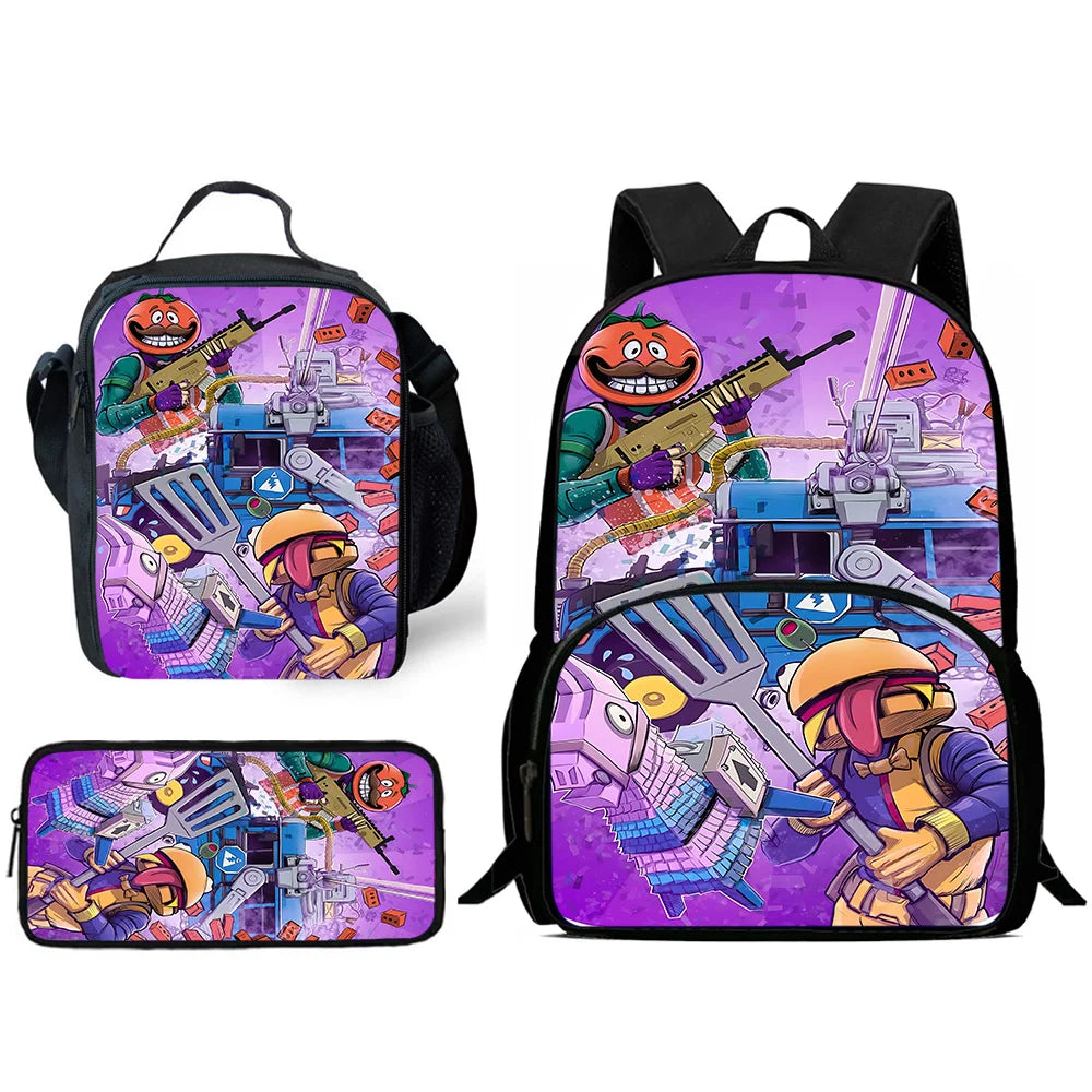 Zaino da scuola per bambini Hot Game con borsa pranzo e astuccio, grande capacità, design F-FortniteS, per ragazzi e ragazze, regalo ideale