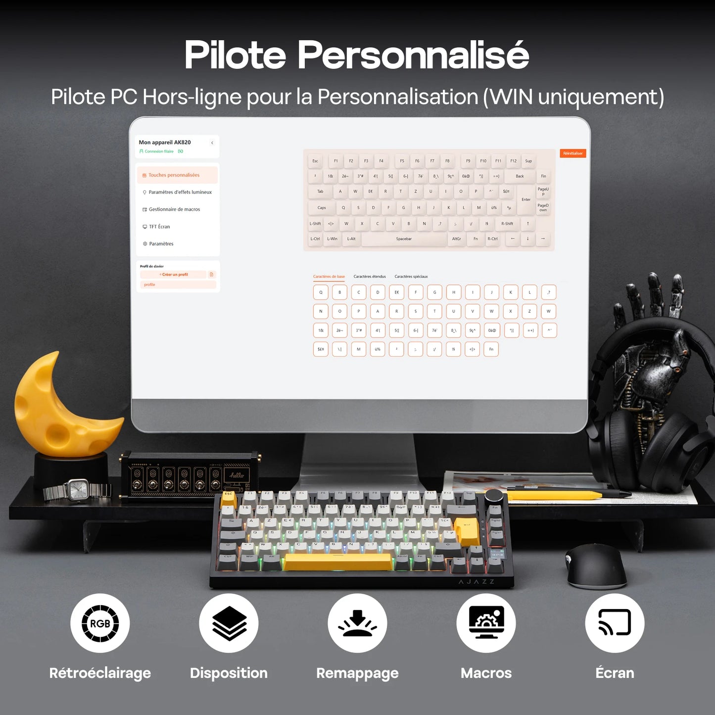 Layout ISO-FR EPOMAKER X AJAZZ AK820 PRO 75% AZERTY Francese Tastiera meccanica hot-swap cablata/BT/wireless 2.4GHz per Win/Mac/PC