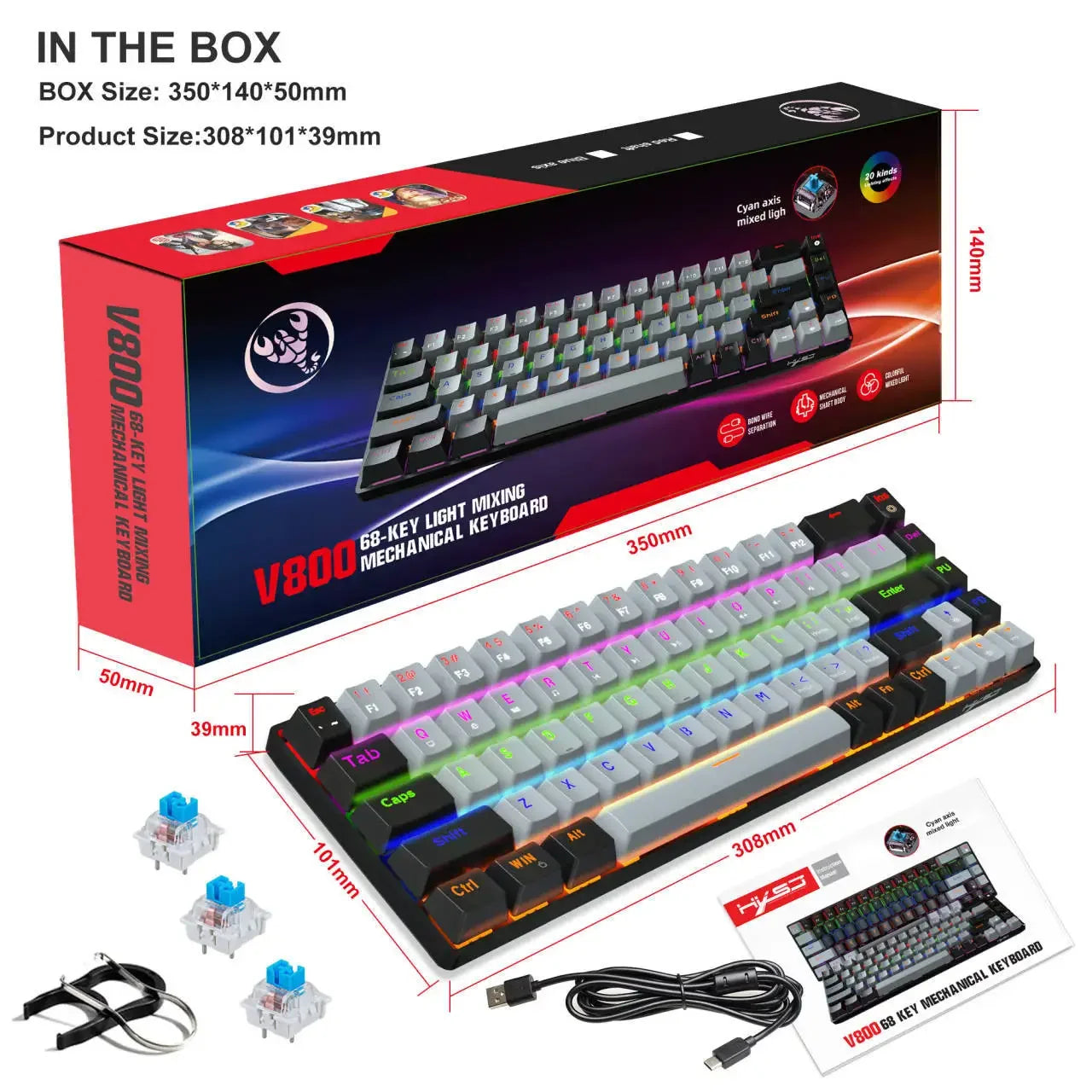 Tastiera meccanica gaming 60% USB con tasti bianchi, mini tastiera gamer ergonomica per computer, retroilluminata, tastiera PC per musica