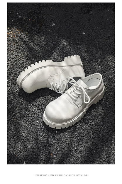 Thick Sole Casual Genuine Leather Dress Shoes Men Platform Height Increase Japan Harajuku Korean Streetwear Fashion Shoes White
