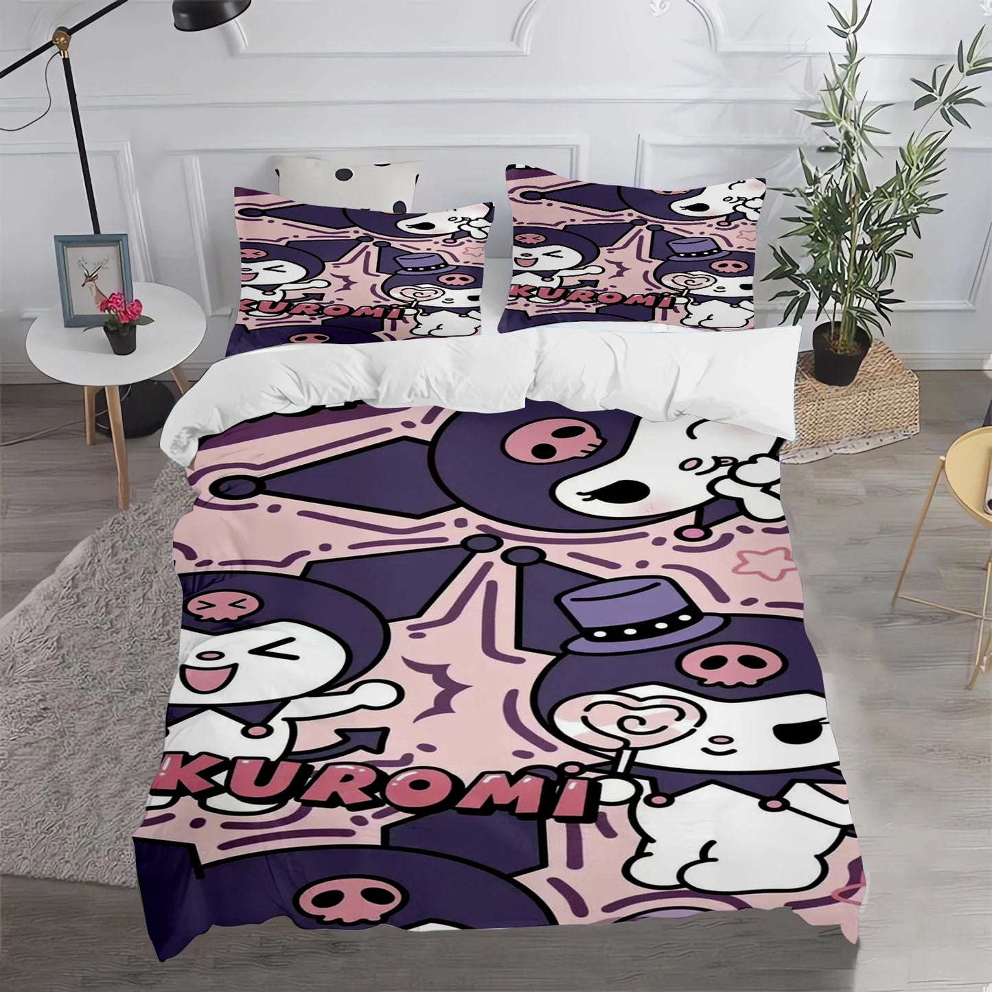 Conjunto de Capa de Edredão e Fronha Kuromi Fofo para Cama, Decoração de Quarto para Adulto, Rapaz e Rapariga, Presente para Crianças, Tamanho Individual, Duplo e Grande