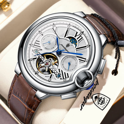 Relógio de luxo para homem POEDAGAR – Modelo mecânico automático com indicação da data e do dia, bracelete em pele, turbilhão, resistente à água, estilo elegante e profissional.